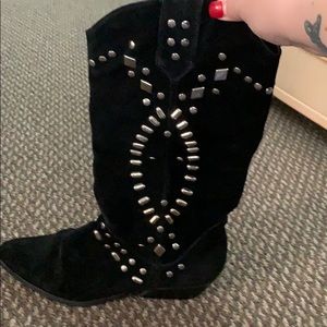 Black suede cowboy boots with silver gems